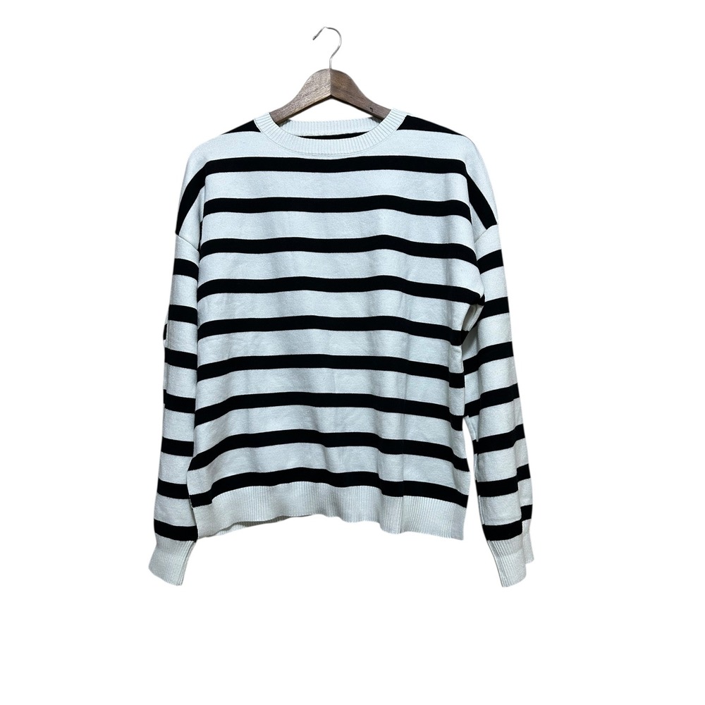 Women's Black White Stripe Crew Neck Long Sleeve Knit Sweater Top Size L